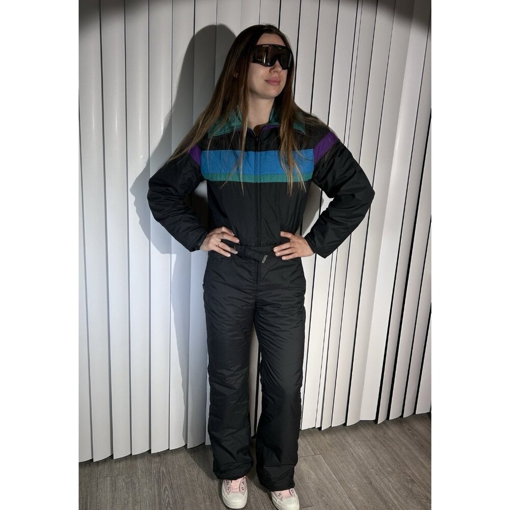 Women's Vintage 90's Roffe Black Neon Winter Snow Full Ski Suit Size S